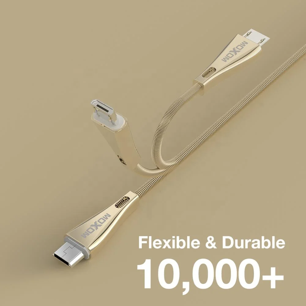 2.4A Spring USB Cable MOXOM CC31 Charging Cable 100cm Silver Zinc Alloy Micro USB C Phone Cable for iphone