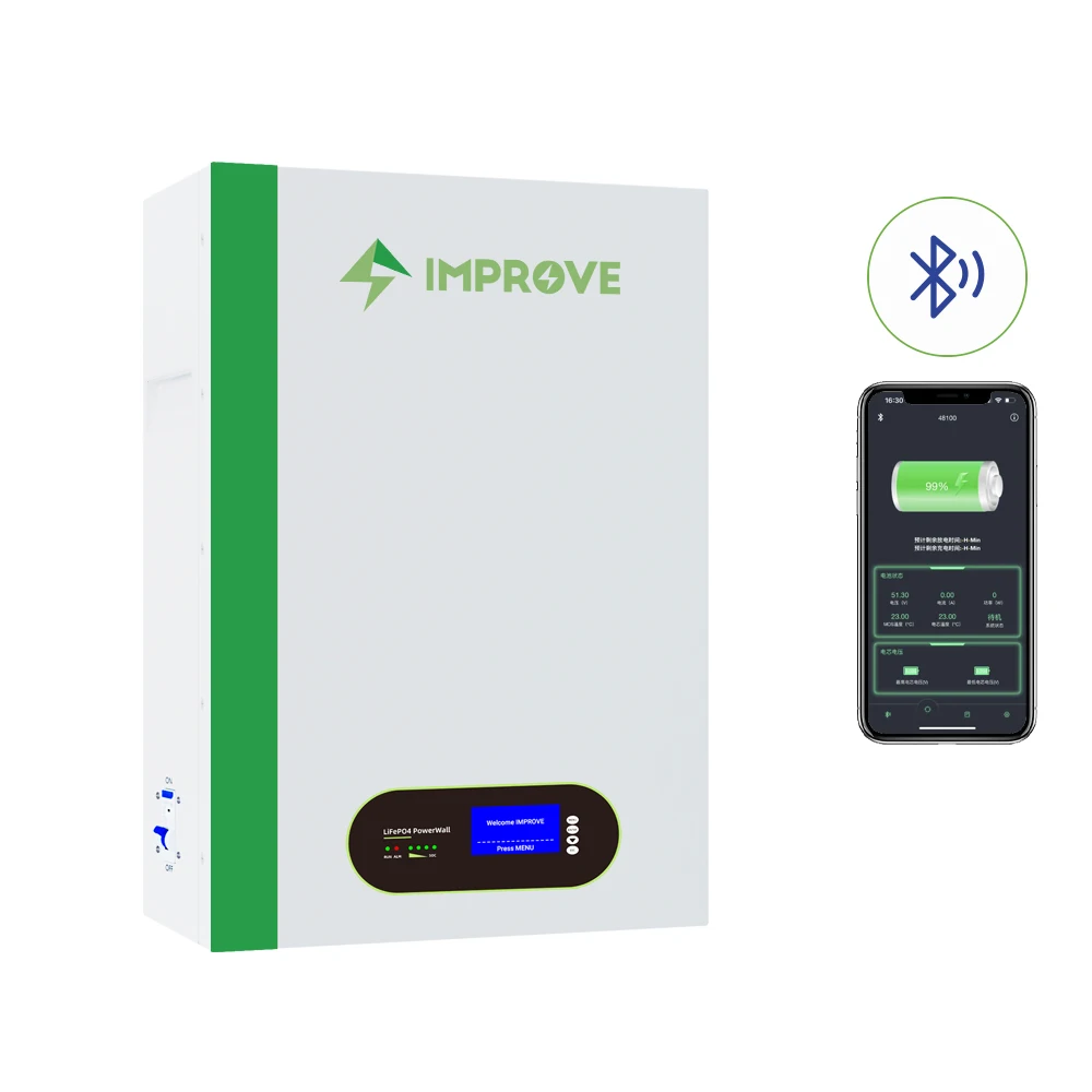 Improve Solar Off Grid Energy Storage System 24v 48v 100ah 200ah Wall Mounted Lifepo4 Battery Pack 5kwh 10kwh Power Wall