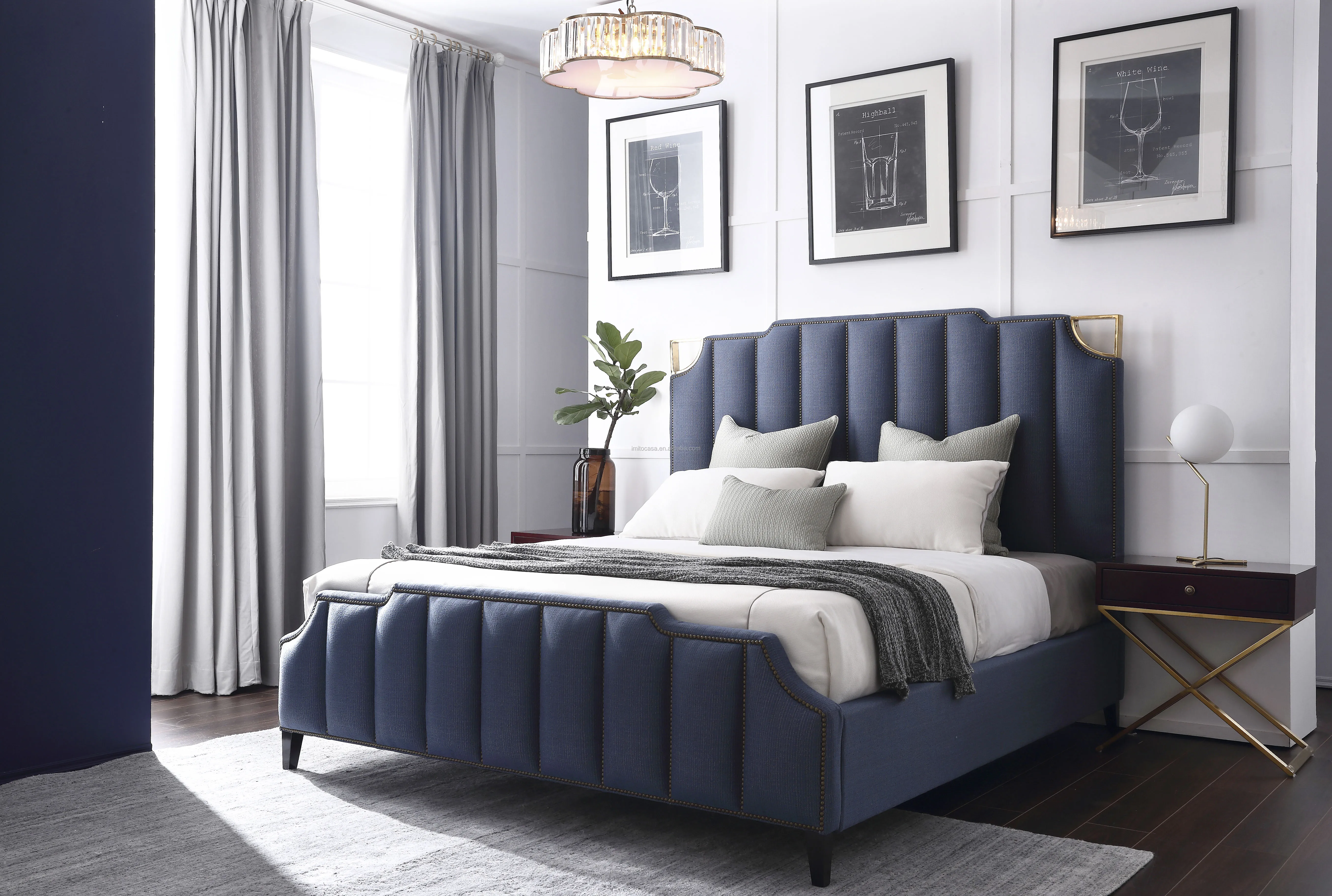 
American Modern Green Leather Upholstered King & Queen Size Bed Vintage Home Furniture Bedroom Set Solid Wood Quality Bed 