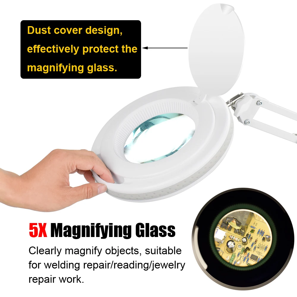 USB Magnifying Glass Table Lamp 3 Color Adjustable Lights for Reading Crafts Hobby Soldering Lamps 5X Magnifier with Cover