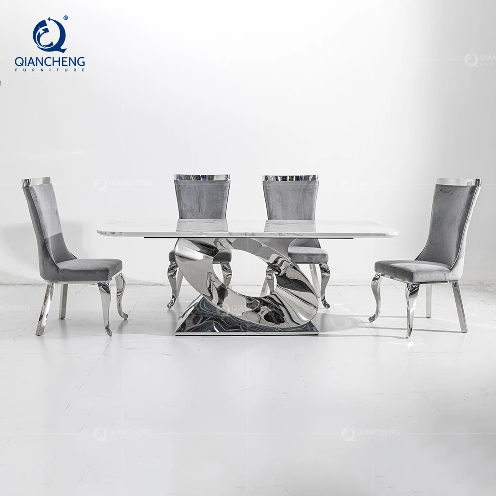 QIANCHENG latest design modern european style dinning tables wholesale price fancy real natural stone dining table set