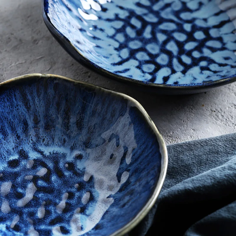 Nordic Modern Home tableware blue Glazed deep Plates Bowl Ceramic Dinnerware for hotel Restaurant porcelain Salad dessert bowls