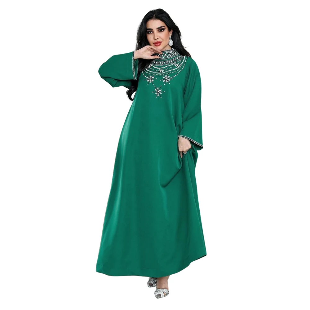 20245257 Green Abayas Long Sleeve High Neck Islamic Clothing Caftan Dresses With Rhinestones