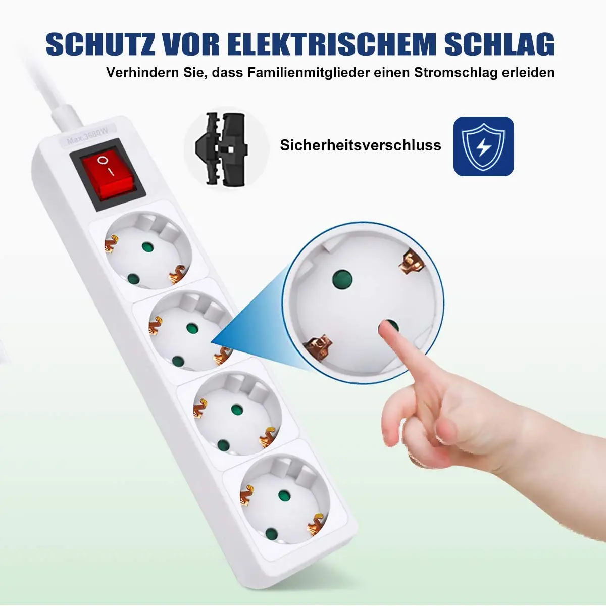 4-way  extension socket power strip with switch and child safety lock, 1.5M 3X1.5mm2 cable, 16A, 3680W, multiple plug