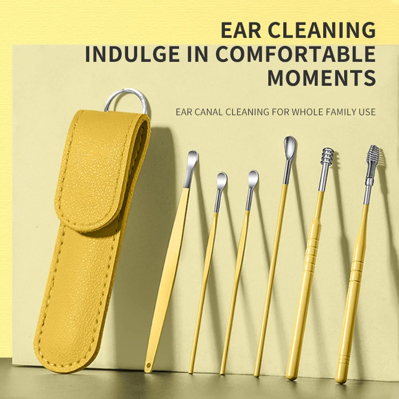 Stainless Steel Earwax Removal Kit with Storage Leather Bag Portable Spring Ear Spoon Picking Cleaner Tool Ear Care 6PCS Set