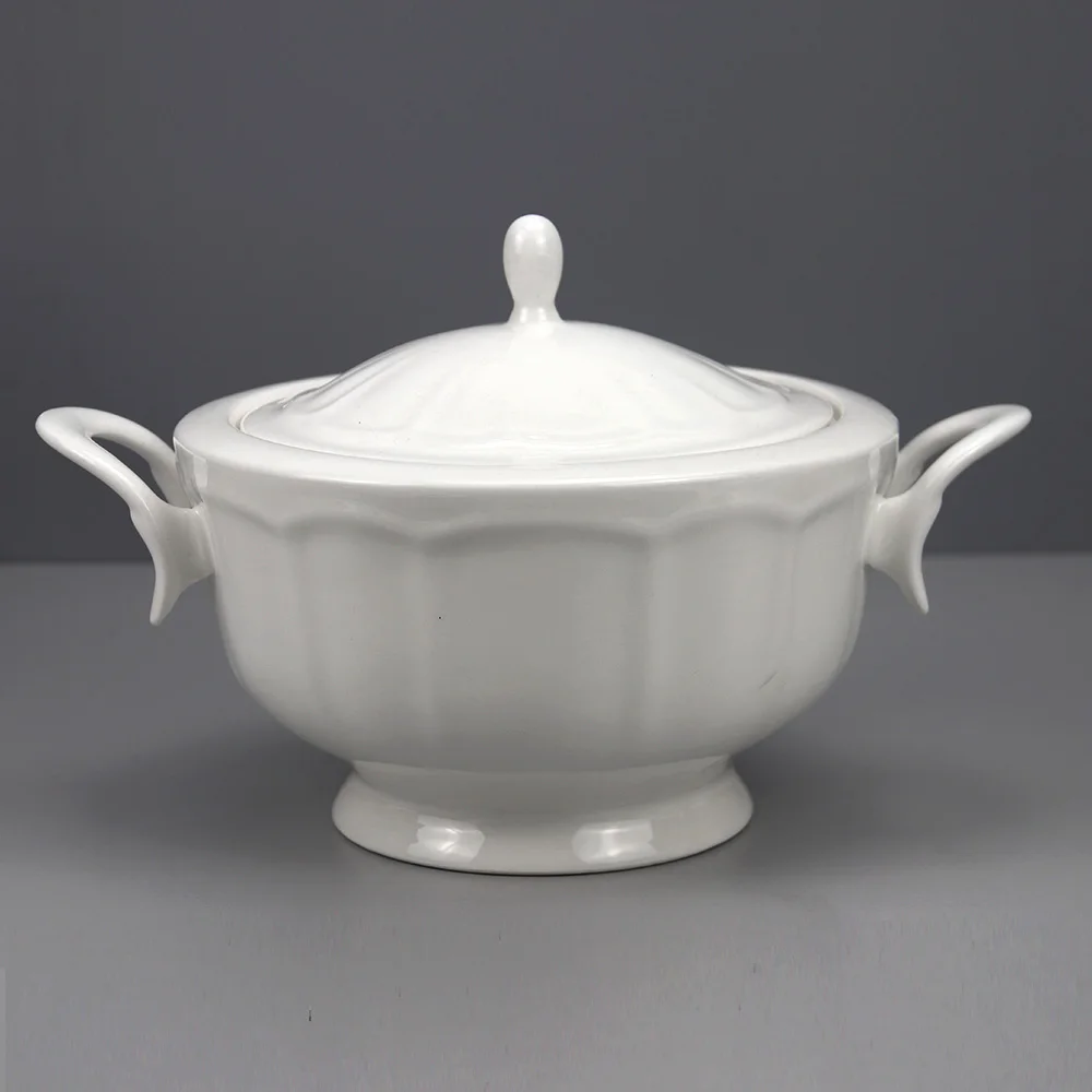Custom White Ceramic Soup Pot Tureen With Lid And Two Ear Handle , Ceramic Soup Tureen with Lid