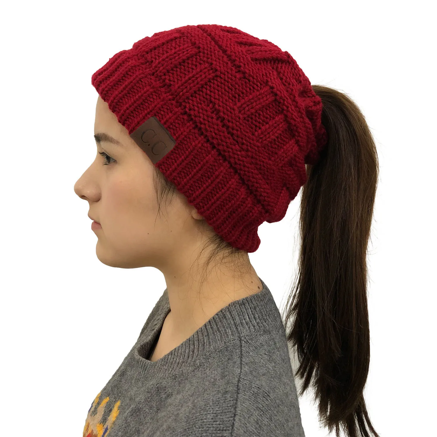 Hot Sale Bamboo-weaving Art Women Ponytail Beanie Warm Winter Striped Knitted Hat