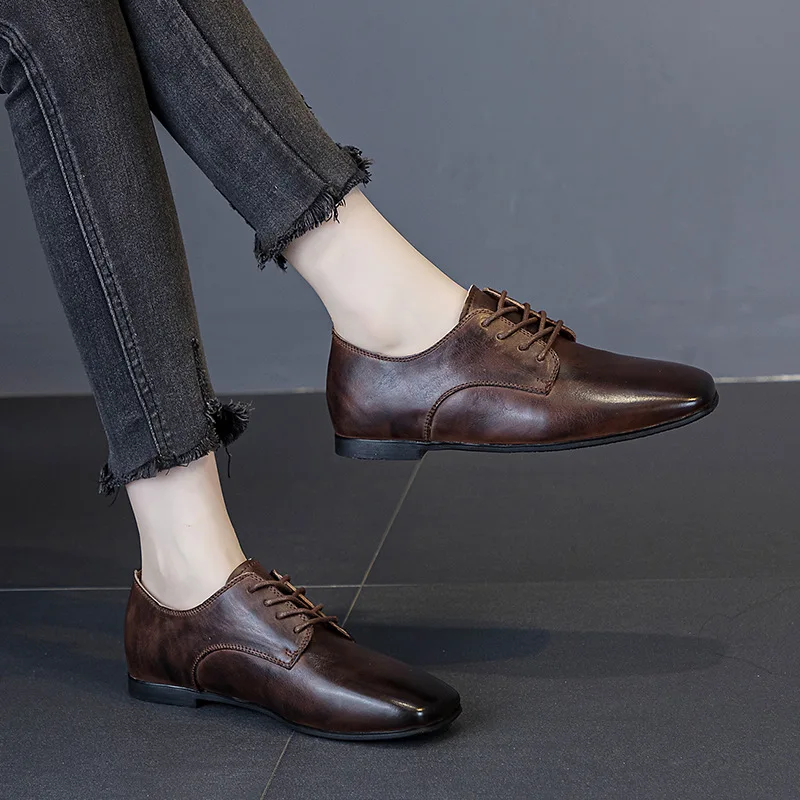 New Products All Season Formal Single Shoe Head Layer Cowhide Flat Lace-Up Office Shoes Commuter Nurse Shoes