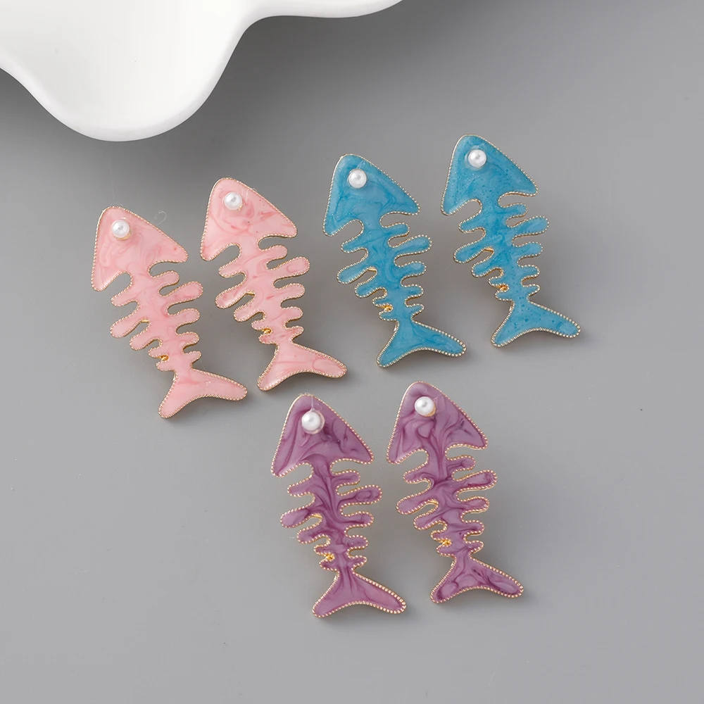 Statement Jewelry Gold Plated Fish Bone Stud Earrings Colored Enamel Fishbone Shaped Earrings For Women