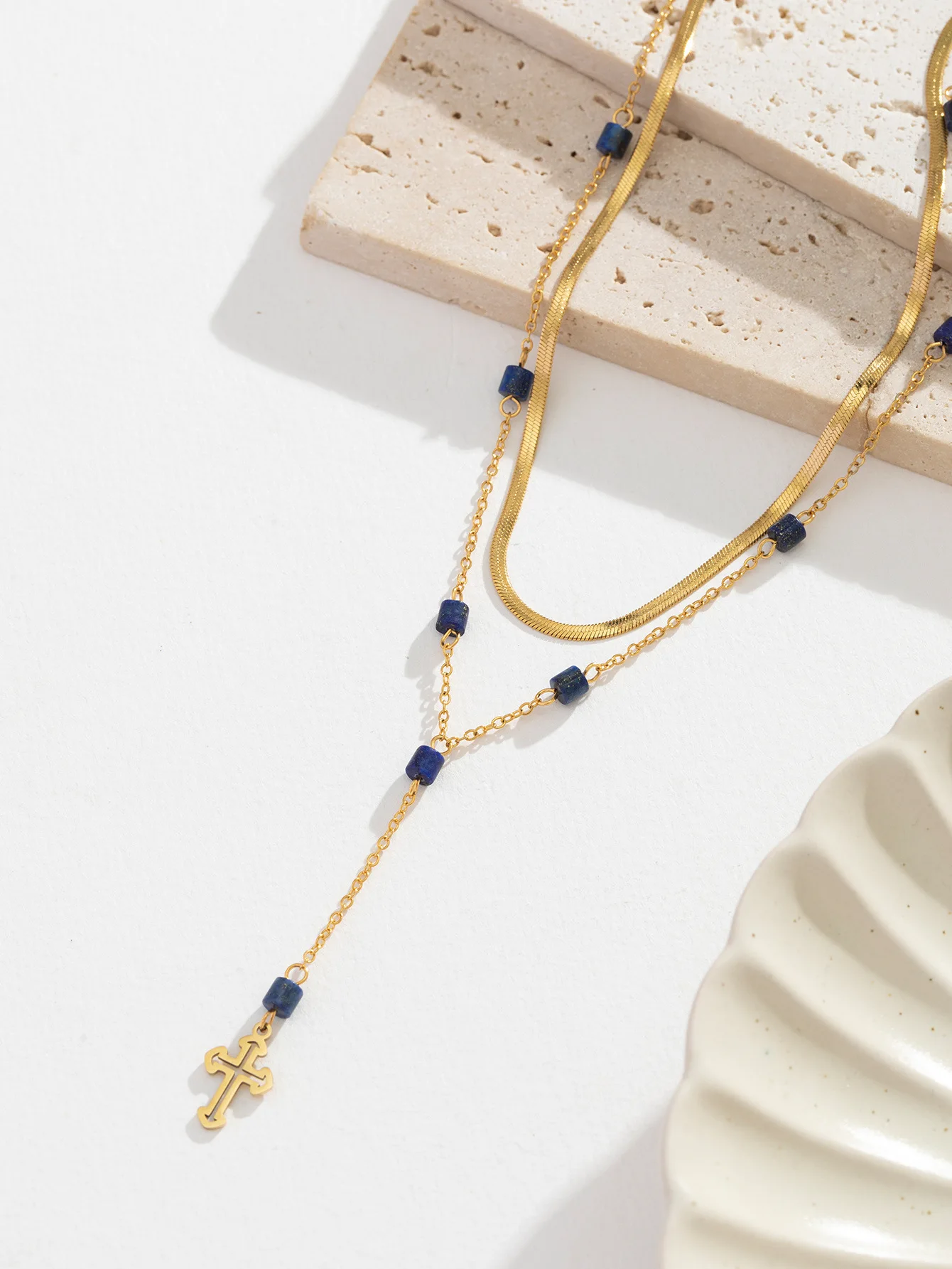 Lapis Cross Necklace 18K Gold Plated Stainless Steel Dripping Oil Double Layered Chain Choker Non Tarnish Waterproof
