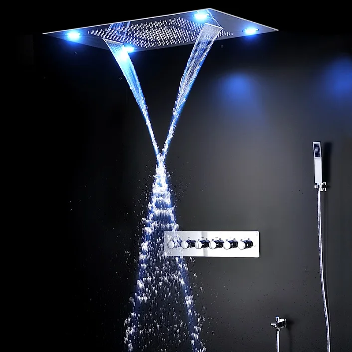 waterfall 600*800 MM Ceiling Concealed Mounted rainfall rain curtain mist led shower set stainless steel thermostatic shower