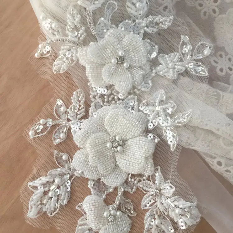 Haute Couture Rhinestone Beaded 3D Flower Lace Fabric Applique Bridal Hair Flower Wedding Headpiece Cape Veil Patch Motif