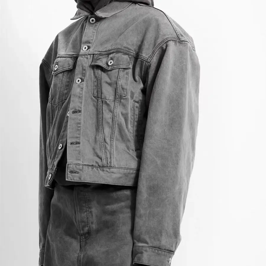 Custom Logo Washed Grey Denim jacket Basic washed denim jacket