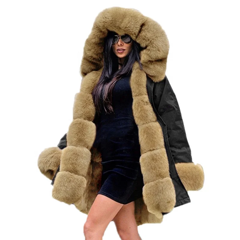 
Winter warm large size outdoor raccoon fur sleeve long length coat for ladies 