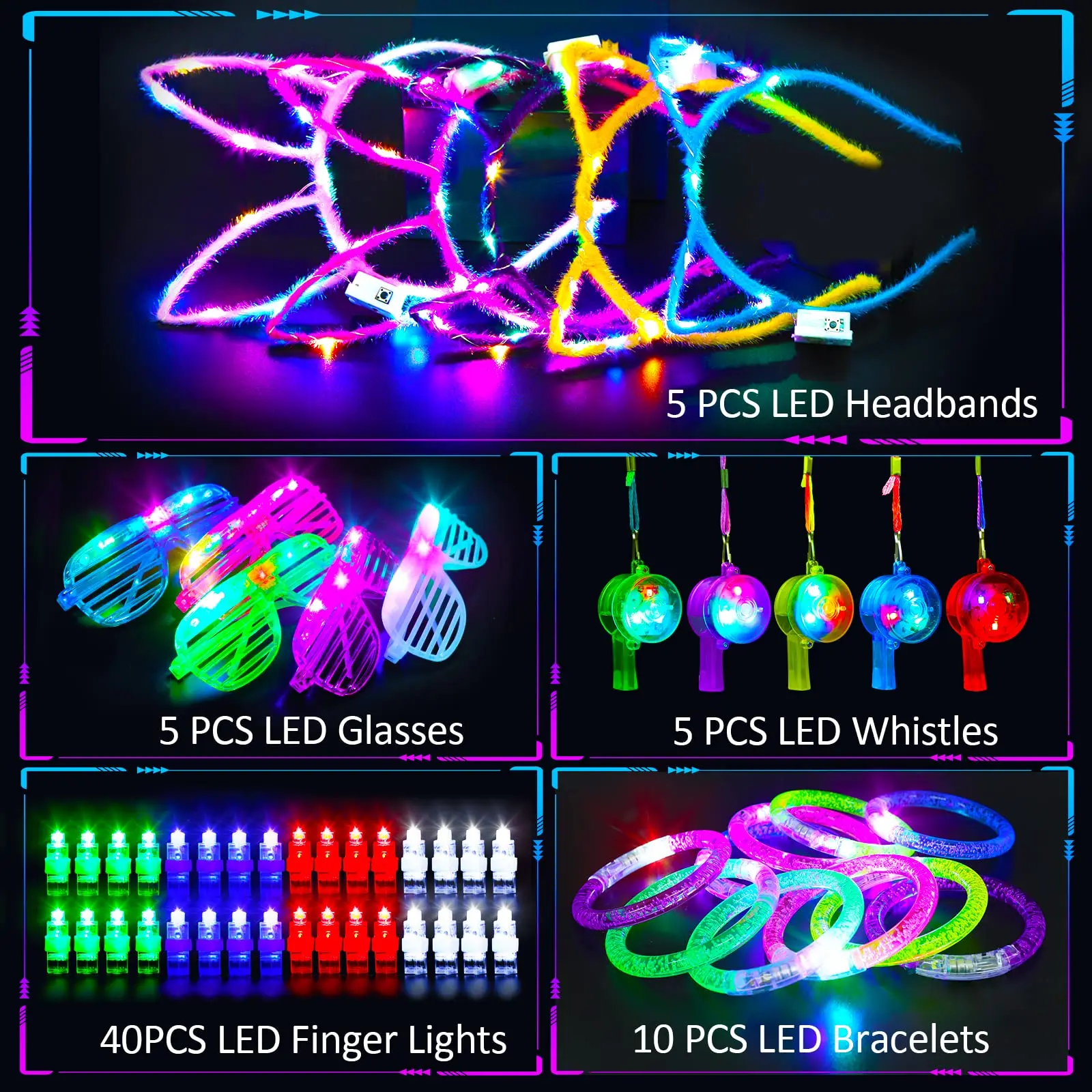 65PCs LED Light Up Toy Set Favors Glow In The Dark Hair Braid Finger Lights Adult Kids Birthday Halloween Party Props Supplies