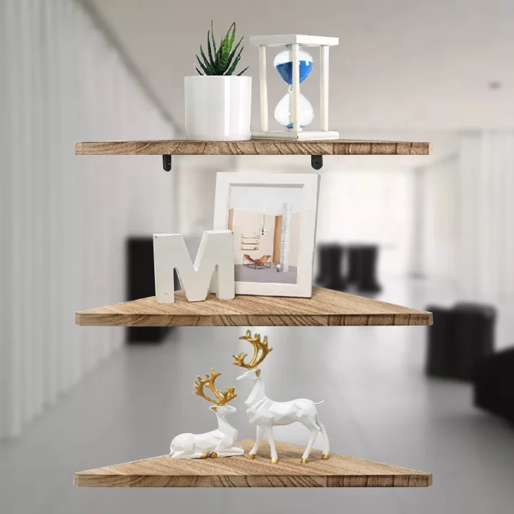 Rustic 3 Tier Radial Solid Display Floating Storage Shelves Wall Decoration Wood Corner Shelf Design For Living Room