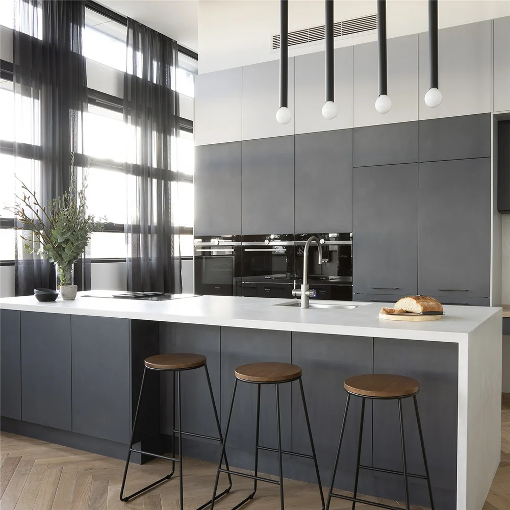 PA foshan  modern island grey pvc shaker storage kitchen cabinet