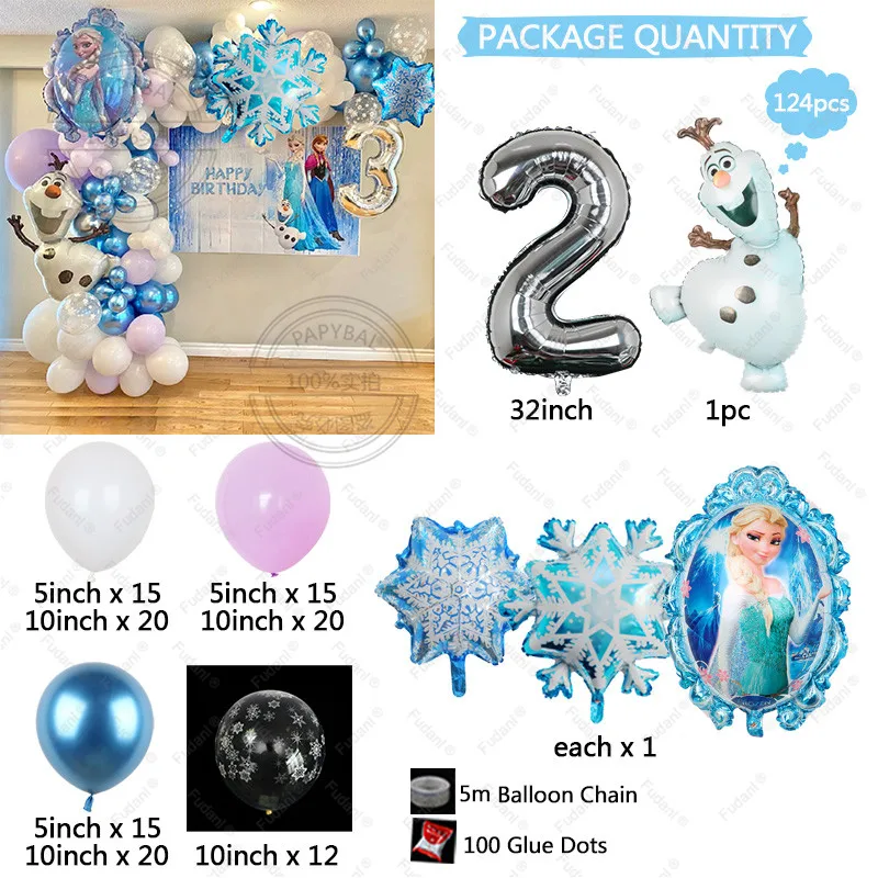 124pcs Frozen Theme Balloons Garland Arch Kit Snowflake Elsa Olaf Foil Globos