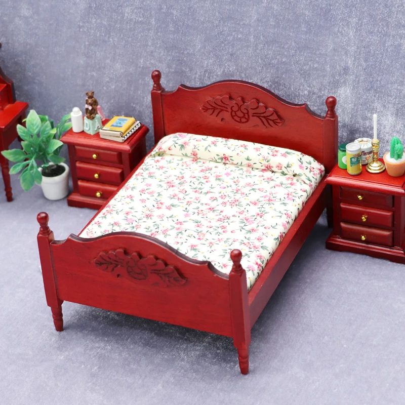 1:12 Doll House Dollhouse Mini Furniture Bedroom Micro Scene Wooden Crafts Redwood Double Bed