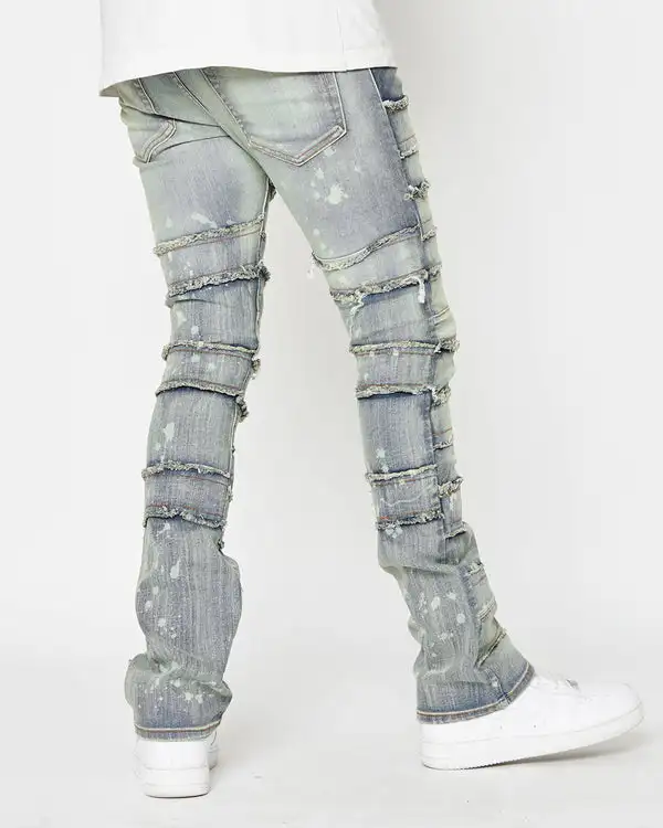 Men Patch Washed stacked denim Slim Ripped Pants mens loose fitting long super flare baggy stacked jeans pants detressed blank