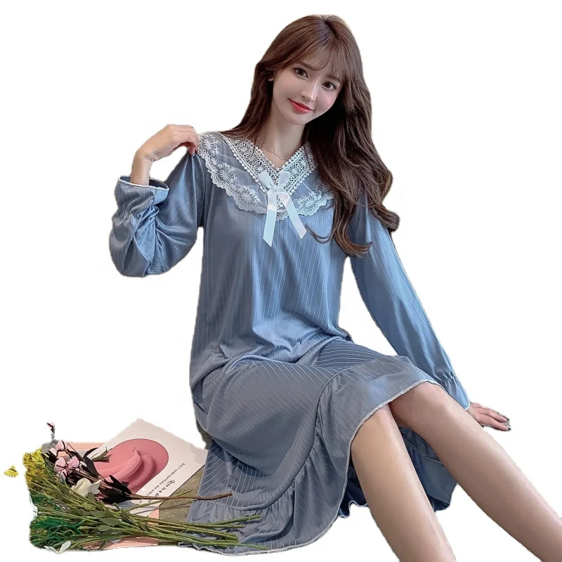 Medium-length cute dress home service Pajamas lace Plus Size  Loose Sleepwear full Sleeve Women Silk Night Dress