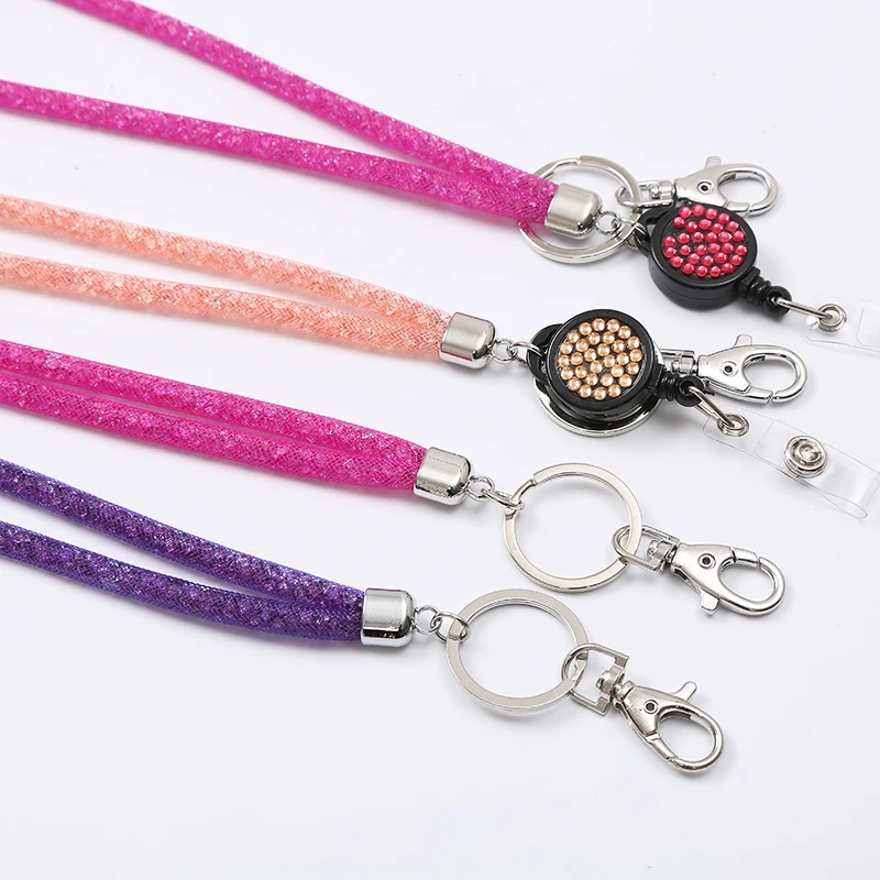 RHINESTONE CRYSTAL LANYARD AND LEATHER ID BADGE HOLDER FOR PHOTO ID CARDS