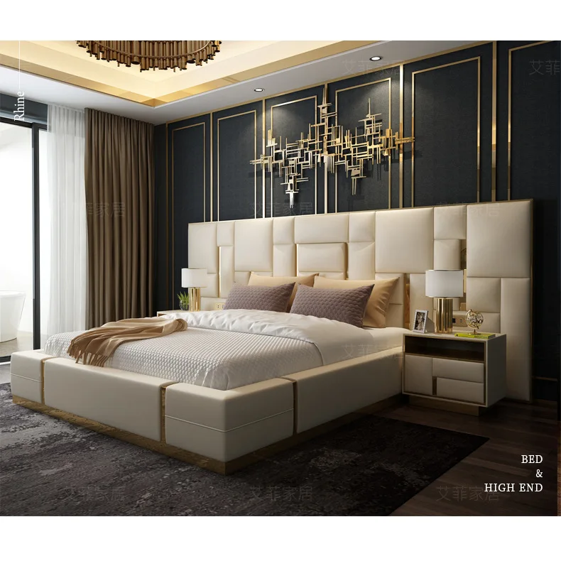 Modern luxury bedroom furniture upholstered real leather italian bed with extended headboard king size white leather bed