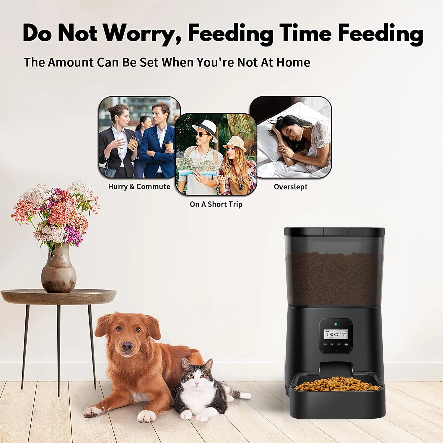 Automatic Cat Feeder,Timed Dog Feeder Pet Food Dispenser with Desiccant Bag for Dry Food,Programmable by phone & Voice Re