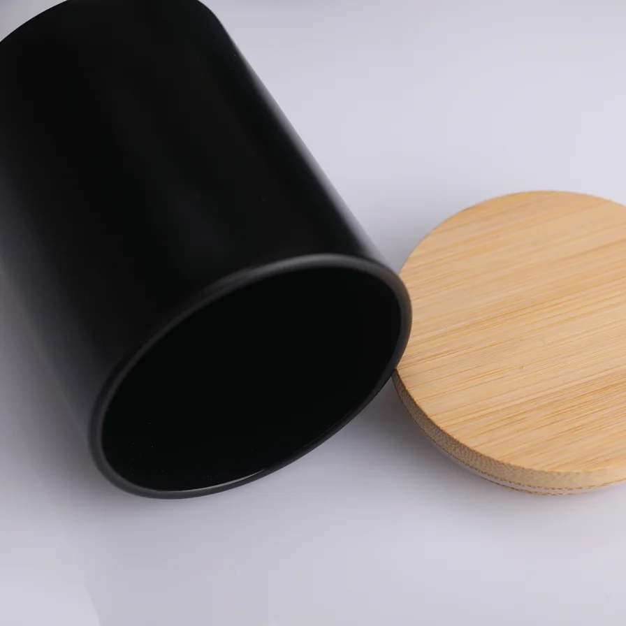 Wholesale Luxury Custom Empty Matte Black Glass Vessels Metal Frosted Candle Jars With Wooden
