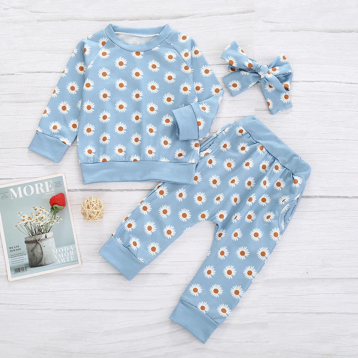 Best seller 4 colors korean style spring and autumn daisy pattern printed newborn baby girl clothes clothing sets