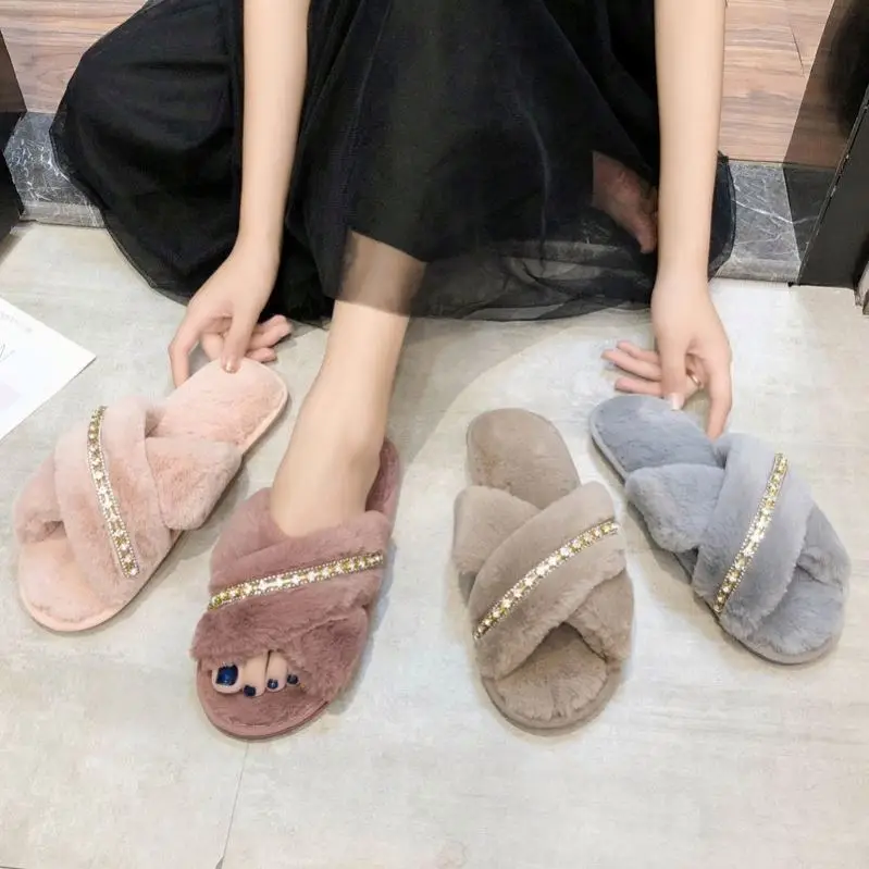 Wholesale Rhinestone Cross Belt Solid Color Furry Slippers Female Fashion Non-Slip Wear-Resistant Open-Toed Home Slippers
