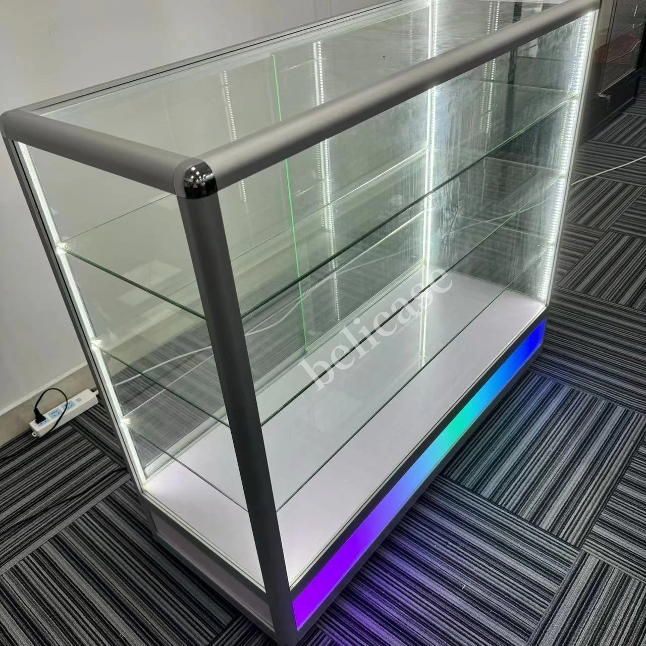 Aluminum Frame Multi-tier Floor Display Case Retail Store Glass Counter with Colored RGB Light Smoke Shop Glass Showcase
