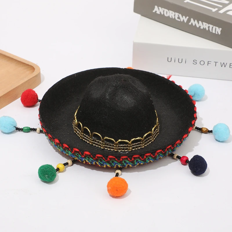 Carnival Halloween party mini felt Mexican fur ball fun hat pet headband head clip pet hathead buckle