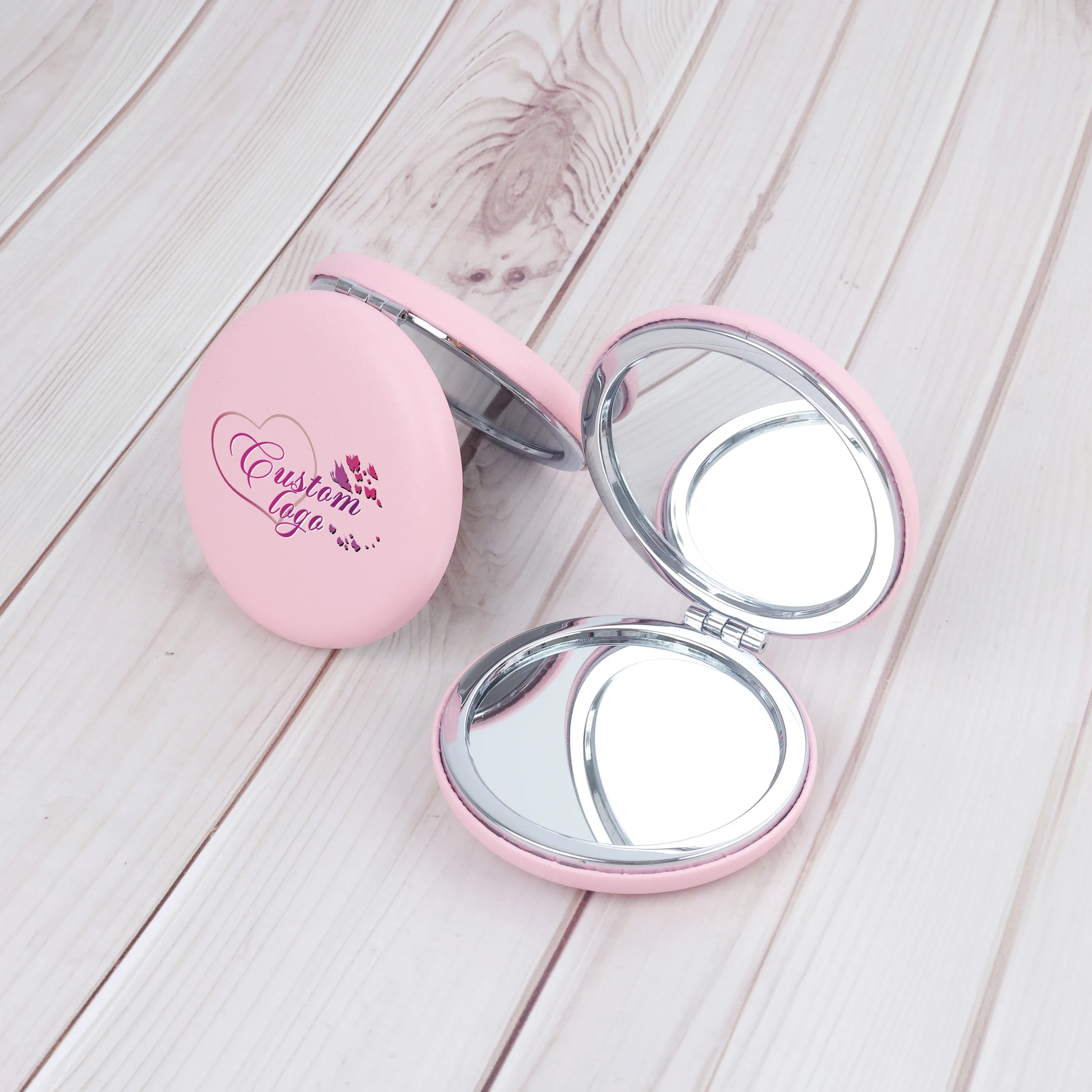 Pink personality double-sided PU mirror round pocket mirror round mini mirror girls makeup