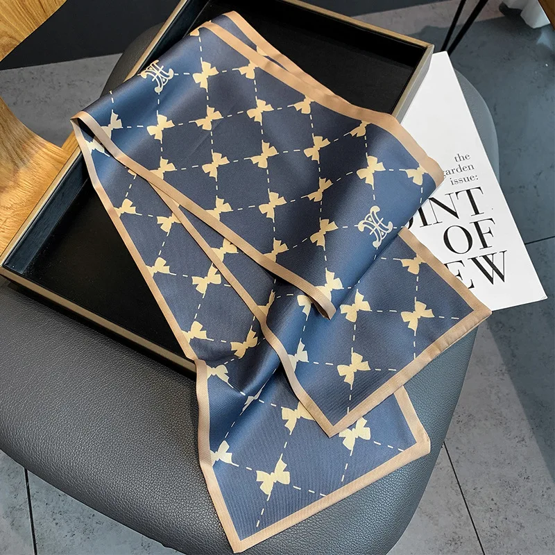 2024 New Korean Style Bow Pattern Twill Silk Scarf Long Plain Fashion Decorative Retro Collarbone Warm Scarf Headband for Women