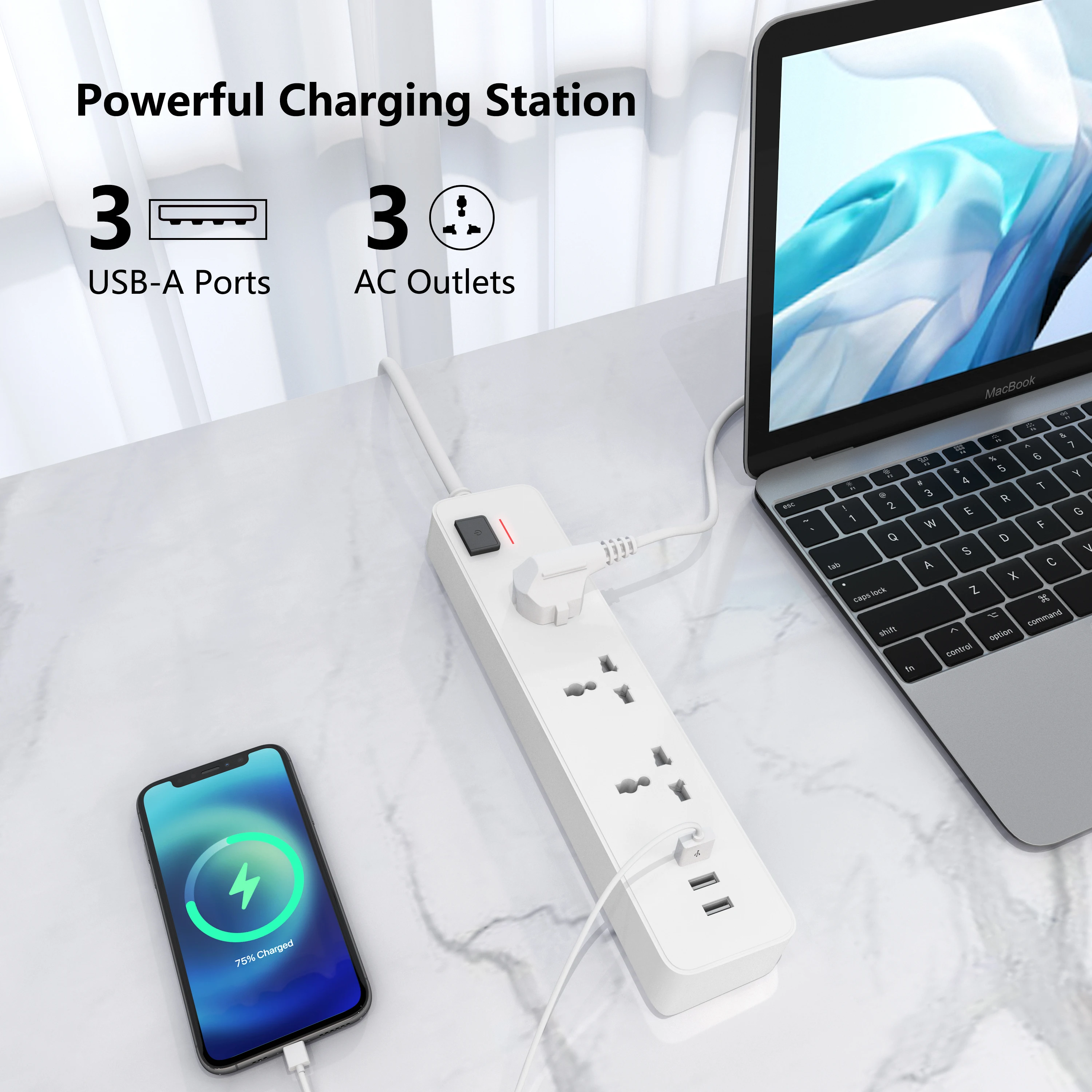 10 Degree Inclination Angle Design 3 Pin Multi Plug Electric Outlets Universal Wall Mounted Extension Socket With 3 USB Charger