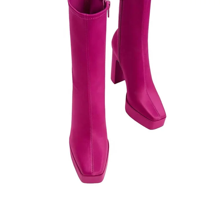 Dark Brown Pink Satin Silk Side-Zip Platform Block Heel Ankle Skinny Boots