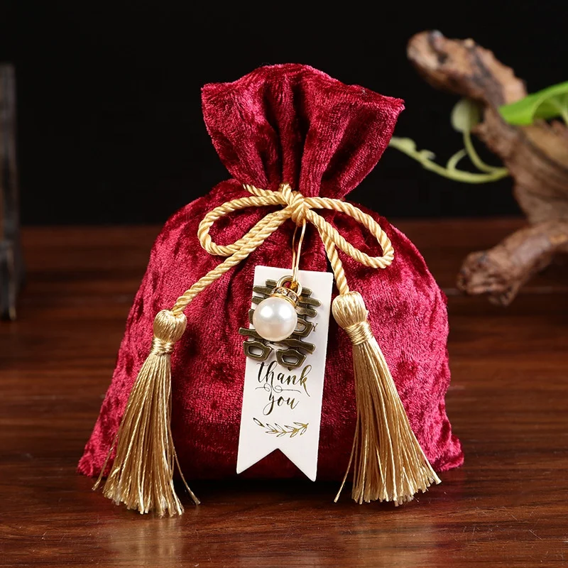 11cm*14cm Red Pink Tassel Velvet Bag Drawstring Candy Pouch Packing Bags Wedding Bag