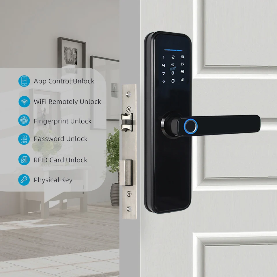 Tuya Wifi App Smart Doorlock Intelligent Biometric Fingerprint Smart Lock Safety Door Handle Keyless Lock