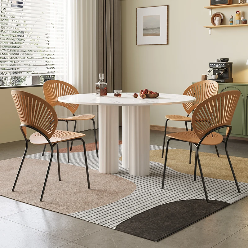 Minimalist Cream Style Slate Small Round Table Small Household Roman Column Round Dining Table and Chairs