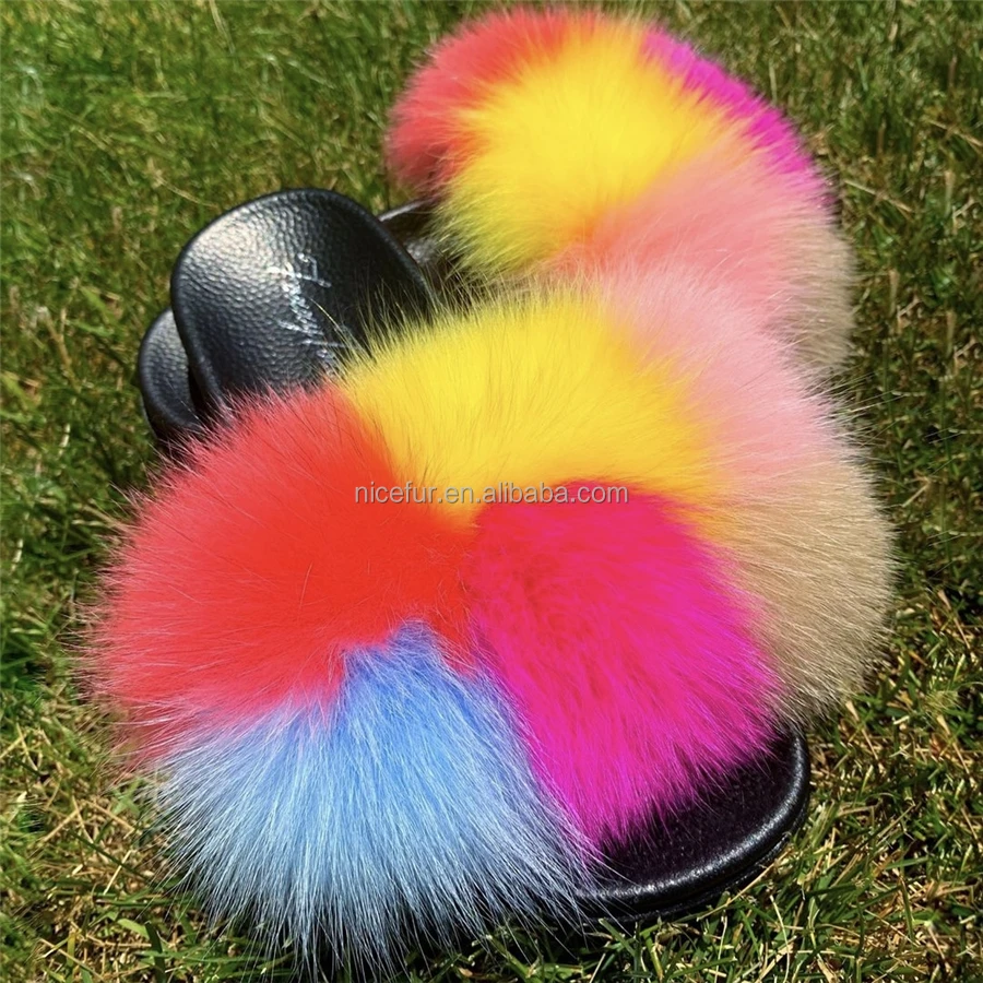 Quick Shipping Flush Raccoon Slippers Outdoor Fur Sandals Slider Slippers Wholesale Real Fur Slippers Fox Fur Slides For Women