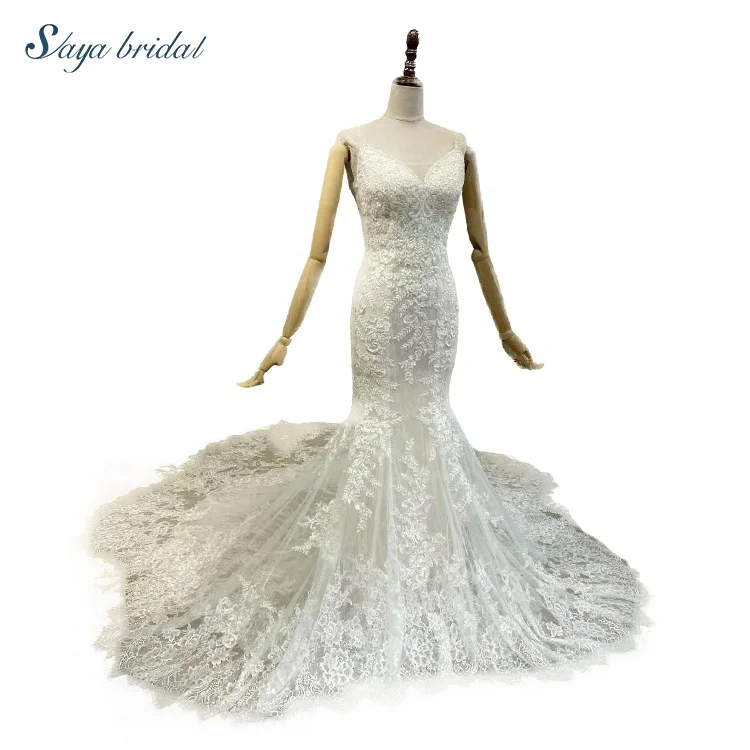 2020 polyester lace fabric white v-neck sleeveless handmade embroidery beading bridal mermaid wedding dress