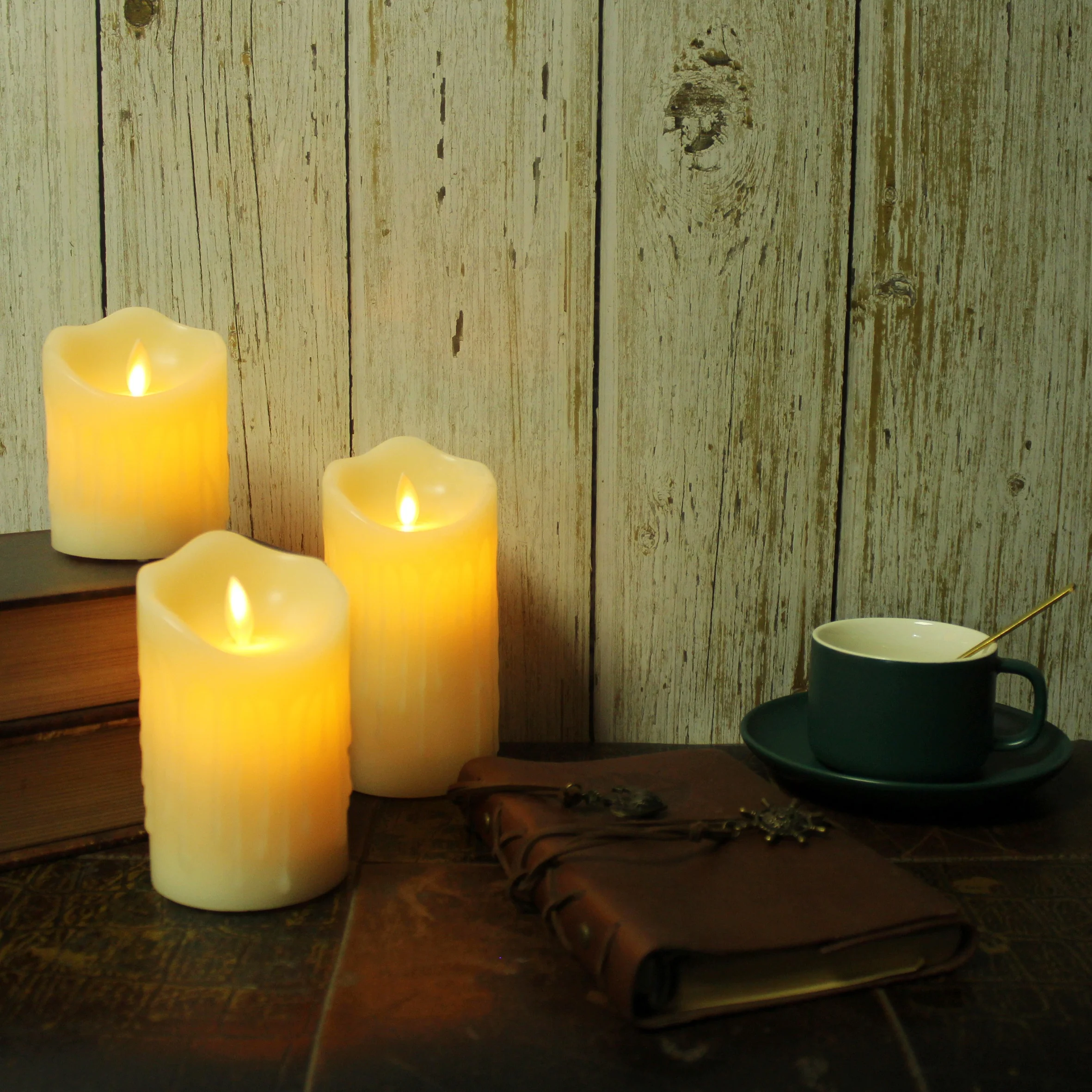 CVHOMEDECO. Flameless Candles Electronic Rechargeable Battery Extra Bright Ivory Dripping Real Wax Pillars LED Candle, Set of 3