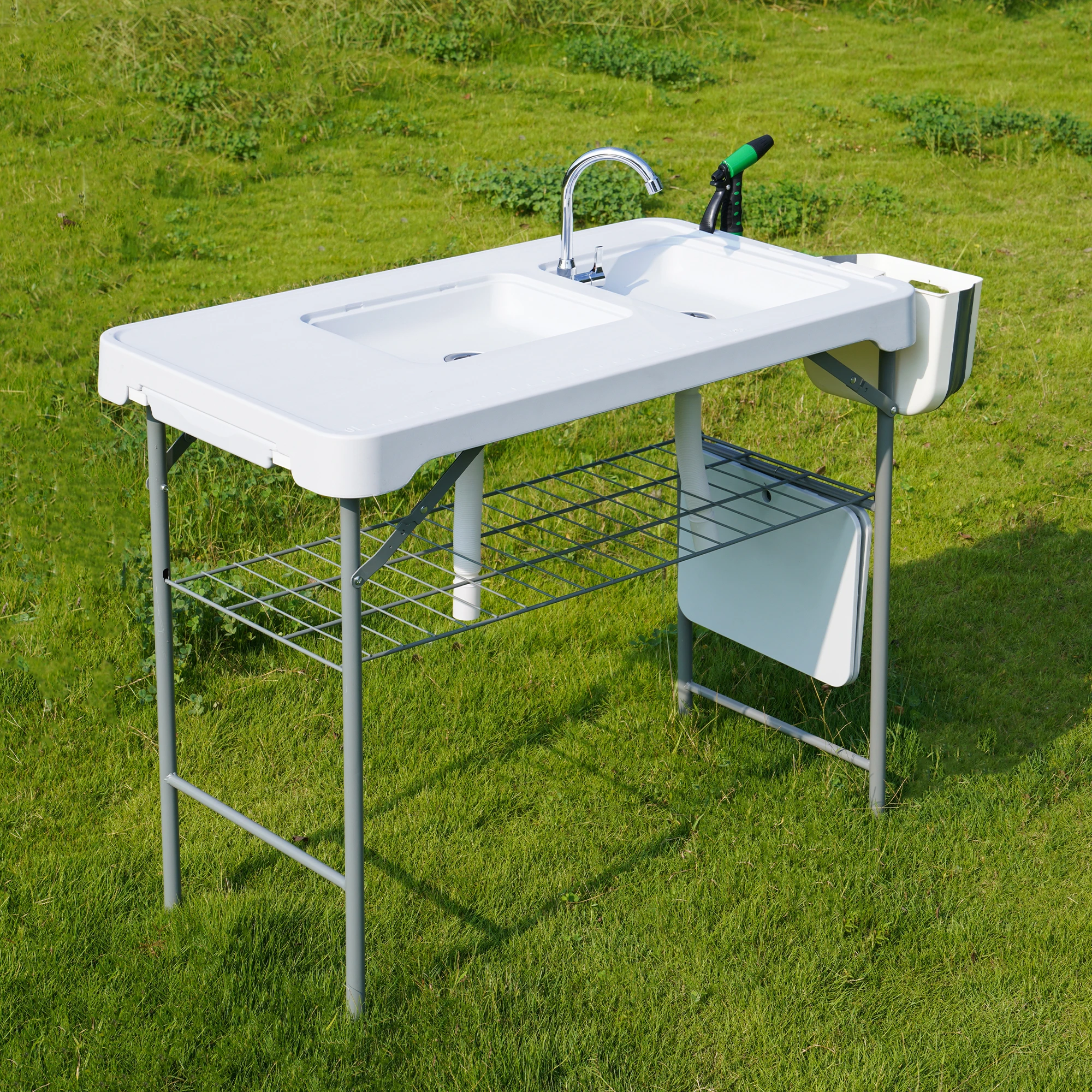Outdoor camping fish cleaning table double sink with mesh