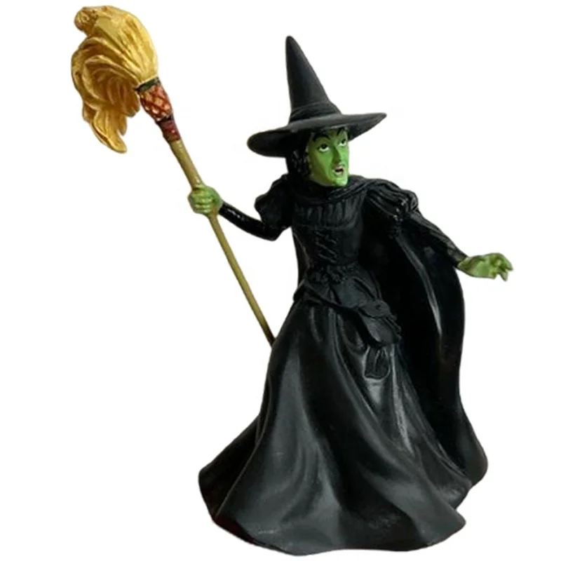 High grade movie character figure mythical mini polyresin wizard of oz miniature wicked green witch figurine with broom