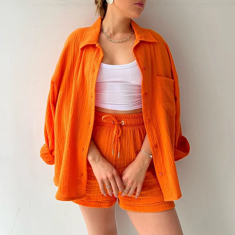 Spring Wrinkle Polo Long Sleeve Shirt High Waist Drawstring Shorts Large Fashion Casual Shorts Set Women