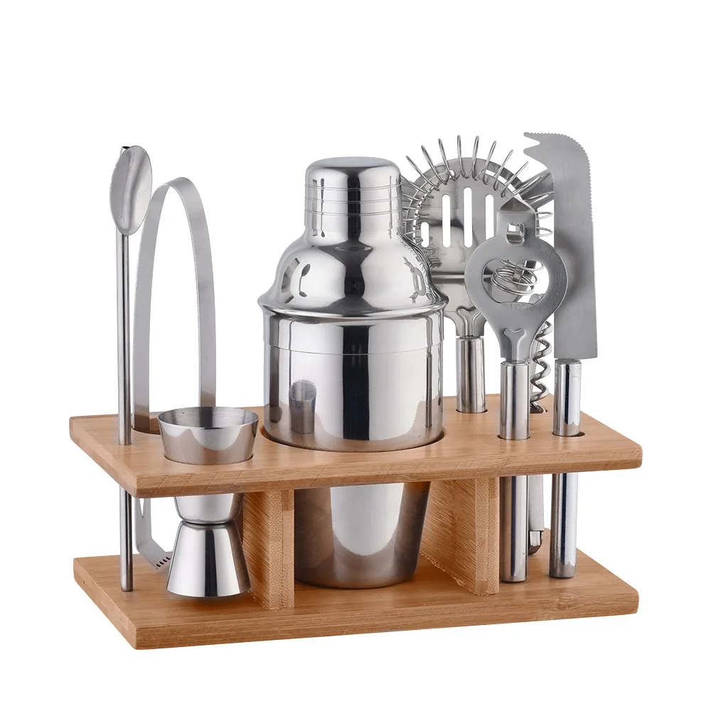 Professional Barware Tools Wooden Stand Travel Gift Stainless Steel Bartender Kit Bar Accessories Cocktail Shaker Set