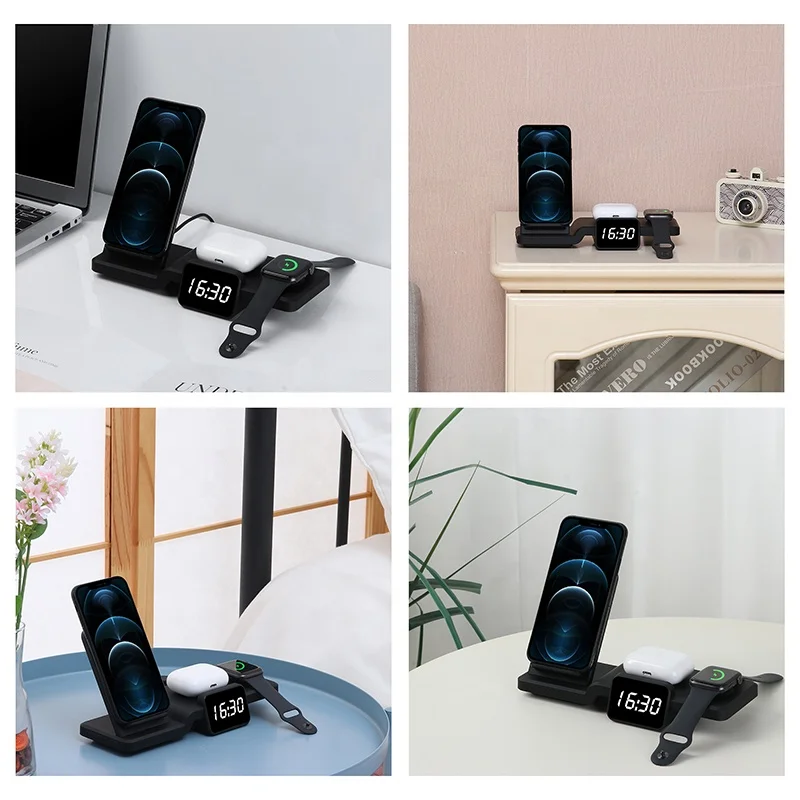  Лидер продаж на Amazon беспроводное зарядное устройство 5 в 1 15 Вт беспроводная Быстрая зарядка с часами подставка для зарядного устройства мобильного
