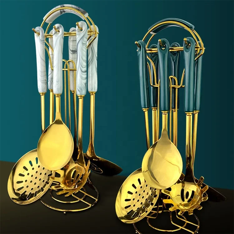 7pcs Customized luxury accessories tools kitchenware kitchen gold cooking utensils set stainless steel wirh ceramic handle