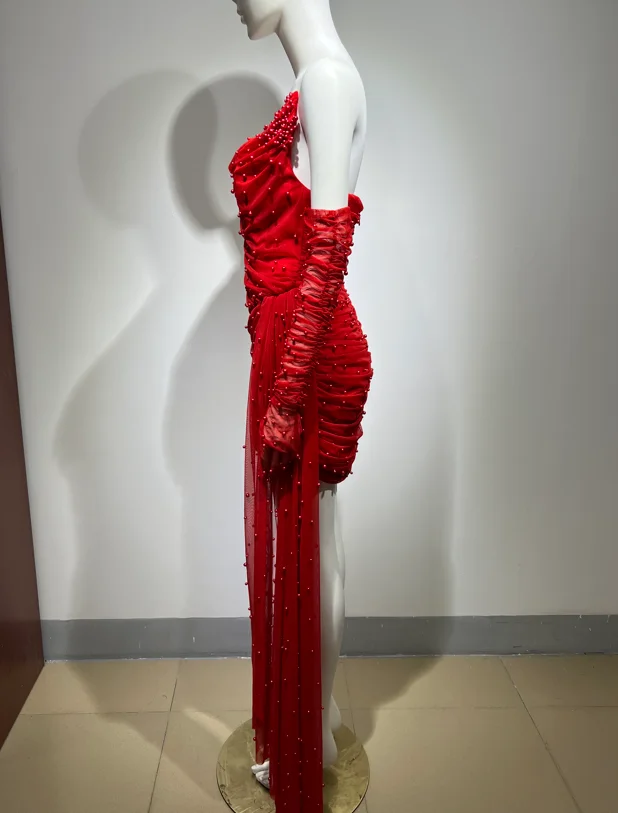 Fashion  Luxury High-Quality Low-Cut Sequin Pleated Tight Irregular Red Short Evening Dresses Birthday Party Prom Club Dress